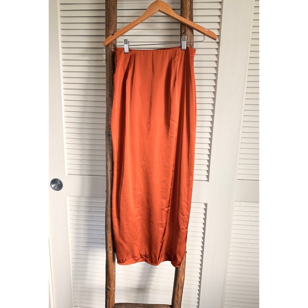 Abercrombie Fitch Orange Satin Ruched Midi Skirt Women's Size S‎ - Picture 2 of 5